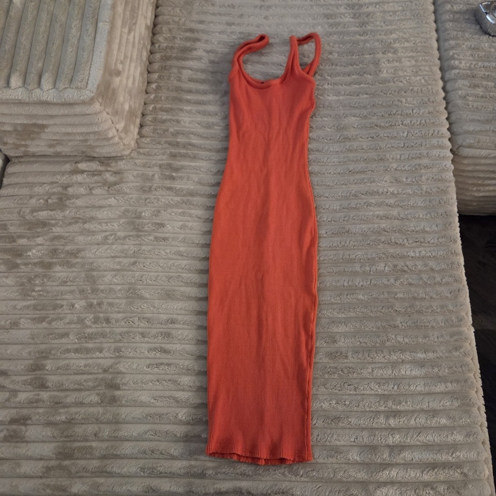 Naked Wardrobe Orange Ribbed Knit Bodycon Midi Dress Size xSmall Tank